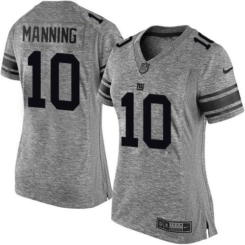 Nike Giants #10 Eli Manning Gray Women's Stitched NFL Limited Gridiron Gray Jersey - Click Image to Close